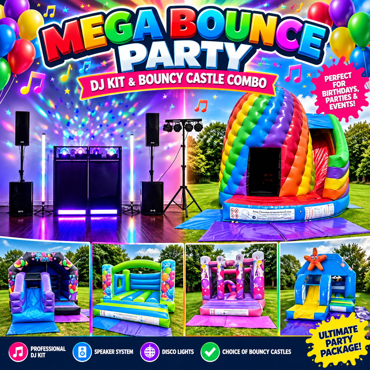 Mega Bounce Party! Any Bouncy Castle & DIY Mega Disco & PA System
