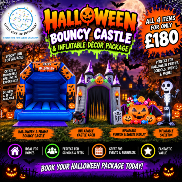 Halloween Bouncy Castle & 3 Inflatable Décor Bundle